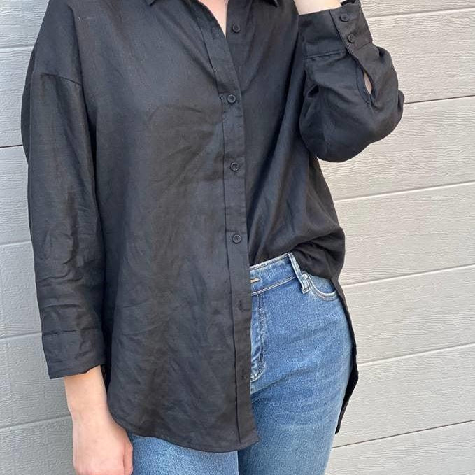 Boyfriend Linen Shirt - Black-Little Lies-Lot 39 Store & Cafe