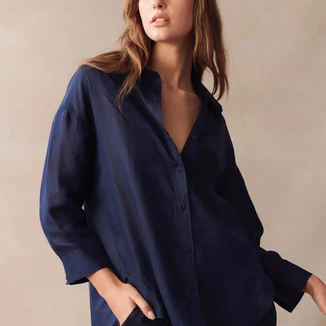 Boyfriend Linen Shirt - Navy-Little Lies-Lot 39 Store & Cafe