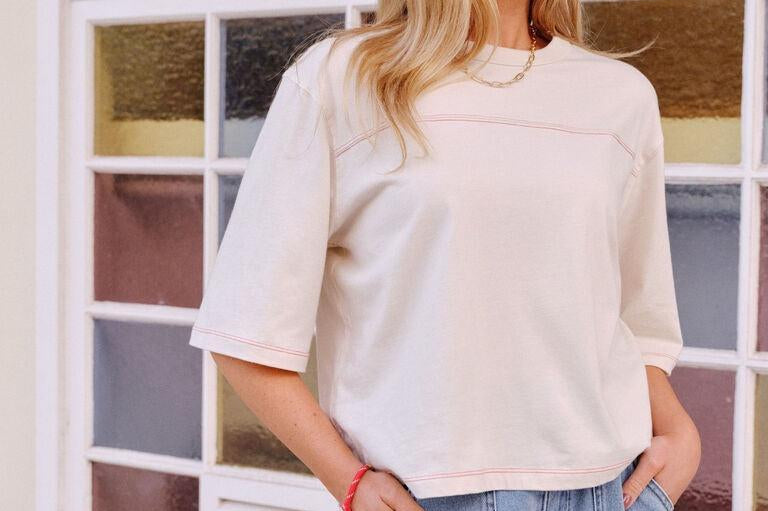 Devon Slouchy Tee - Buff/Red Stitch-Ceres Life-Lot 39 Store & Cafe