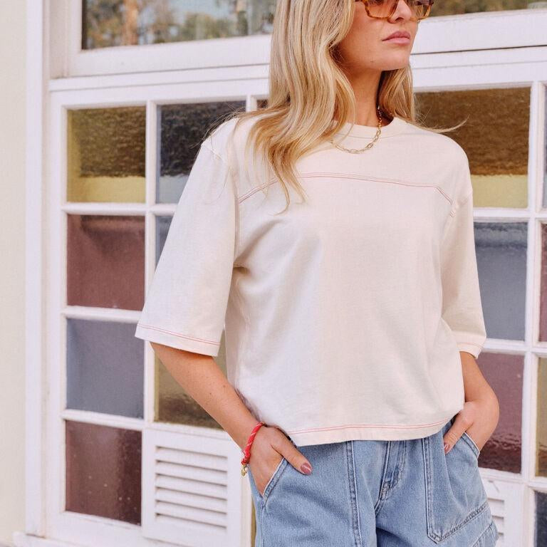 Devon Slouchy Tee - Buff/Red Stitch-Ceres Life-Lot 39 Store & Cafe