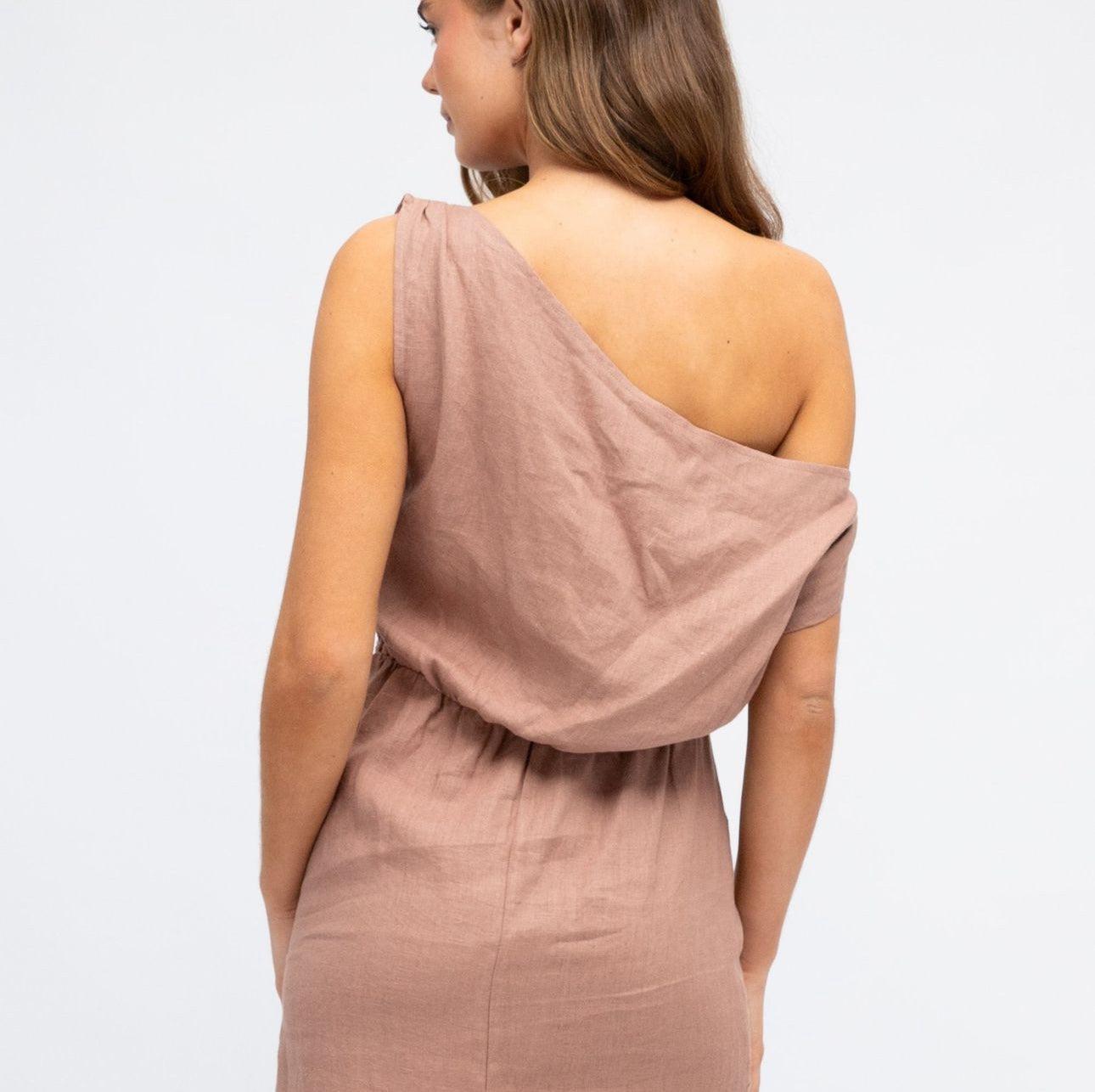 One Shoulder Linen Dress-White Closet-Lot 39 Store & Cafe