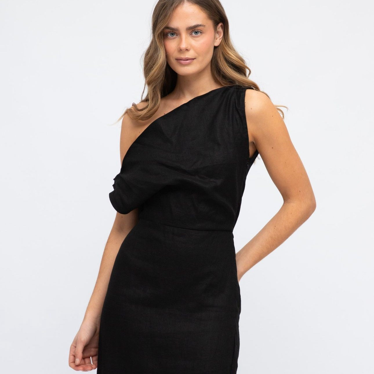 One Shoulder Linen Dress-White Closet-Lot 39 Store & Cafe
