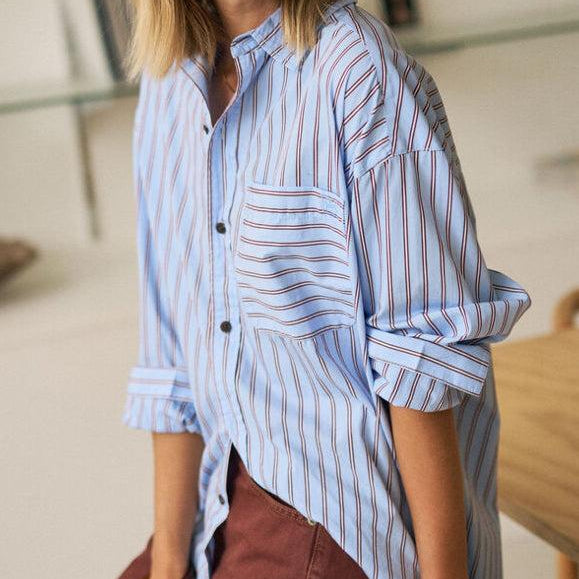 Peta Oversized Shirt - Sky Blue Burgundy Stripe-Ceres Life-Lot 39 Store & Cafe