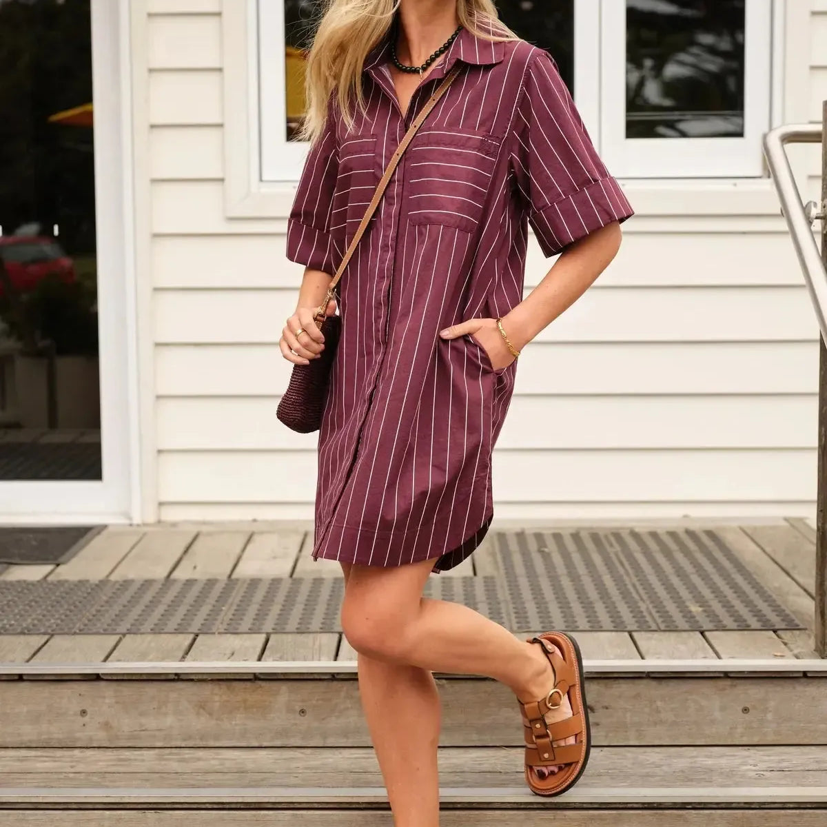Sara Shirt Dress - Wine Pinstripe-Not specified-Lot 39 Store & Cafe