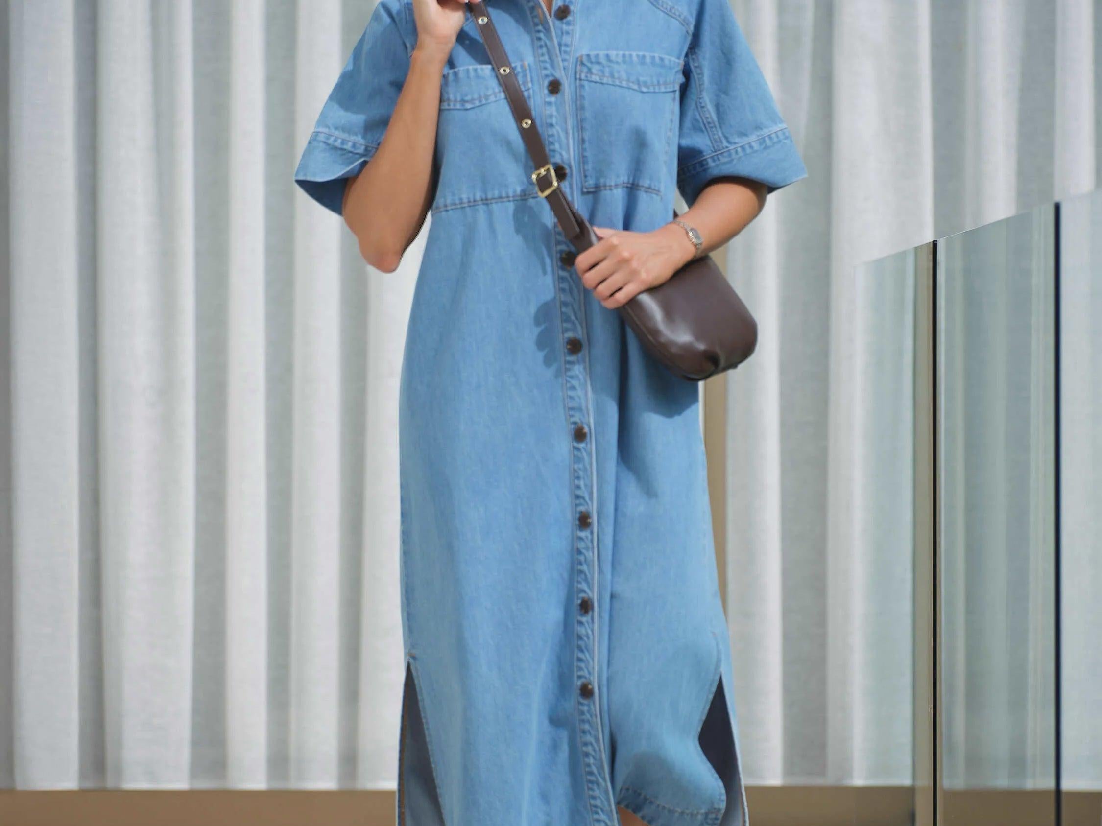 Yoke Detail Midi Dress - Vintage Blue-Ceres Life-Lot 39 Store & Cafe