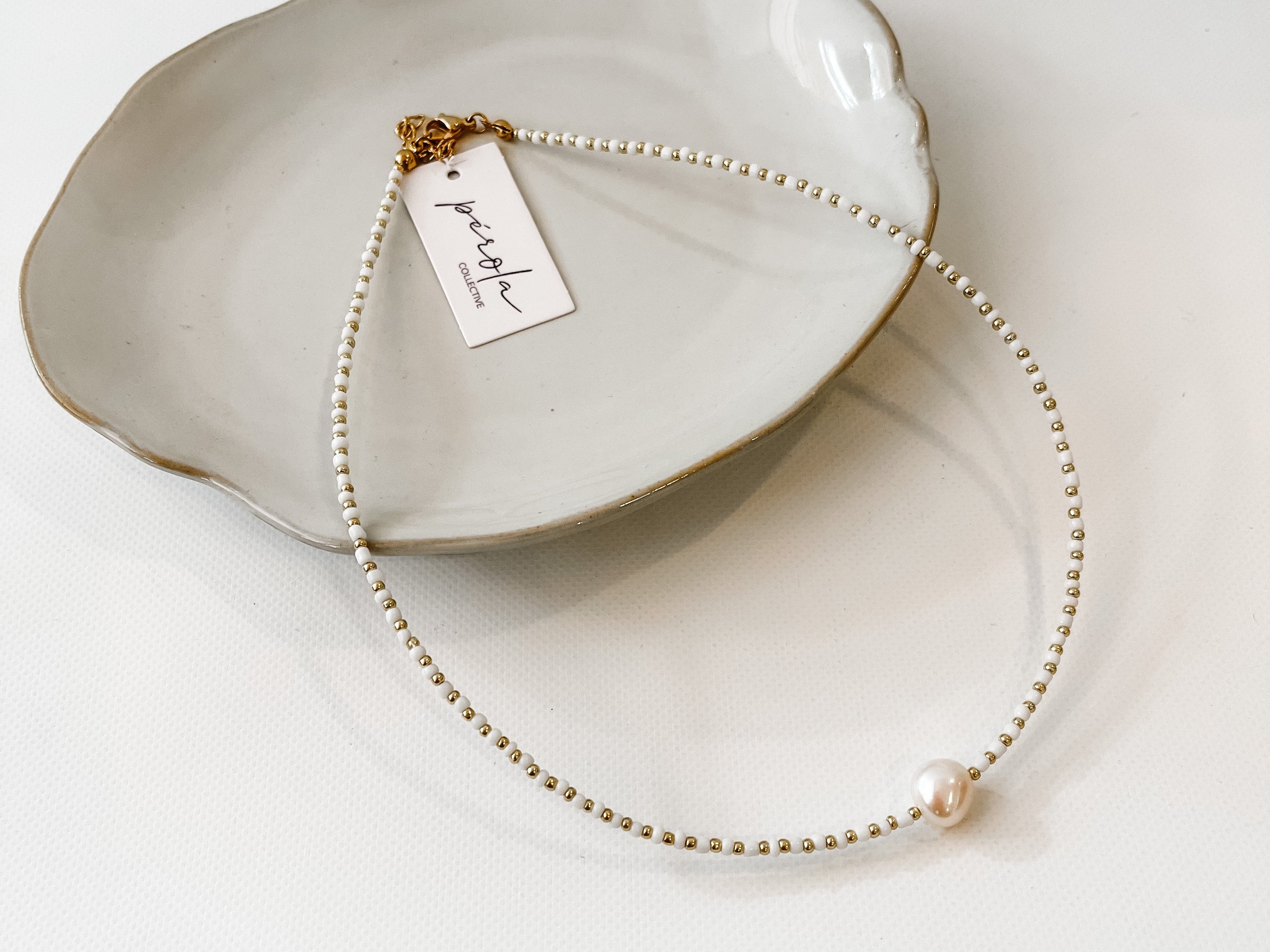 White & Gold Beaded Necklace with Freshwater Pearl-Perola Collective-Lot 39 Store & Cafe